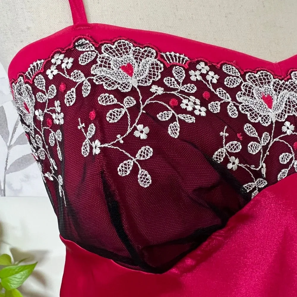 Pink Satin Embroidered Lace Mini Slip Dress Coquette‎ Romantic Lingerie Boudoir
